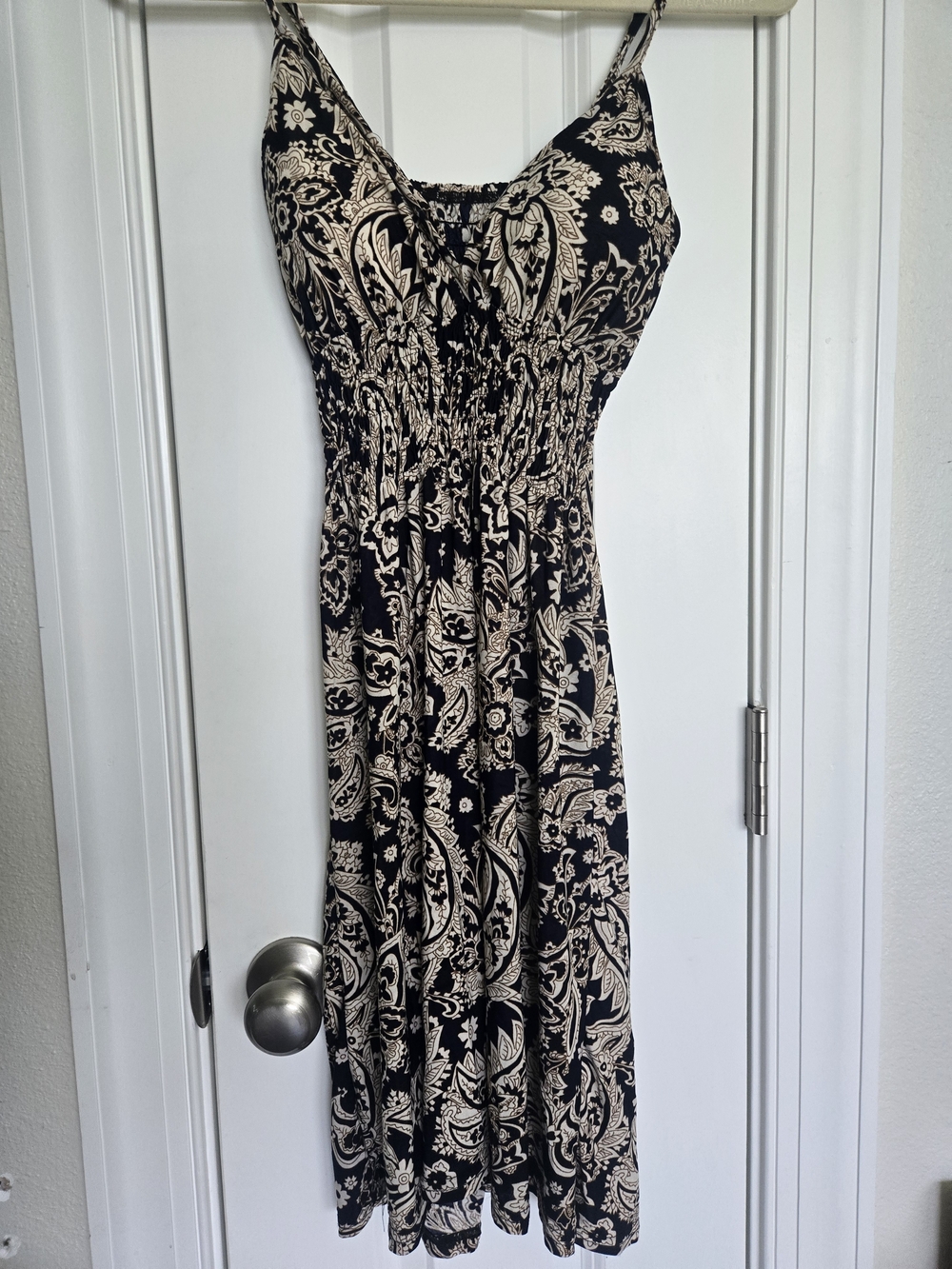 Black and Cream Paisley Maxi Dress with Smocked Waist